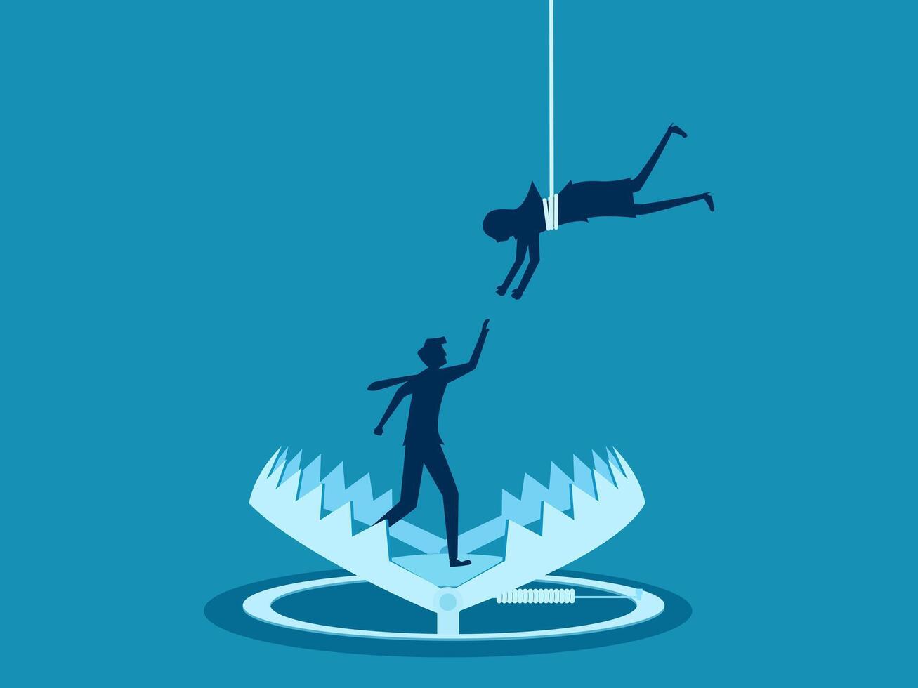 Risk consultant. Businesswoman helping people stuck in a trap. Vector