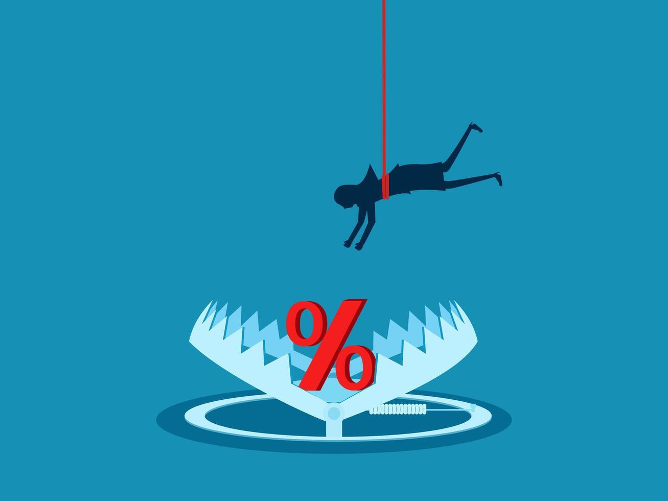 Risk of interest and money fraud. Businesswoman picks up percentage from a bear trap. Vector