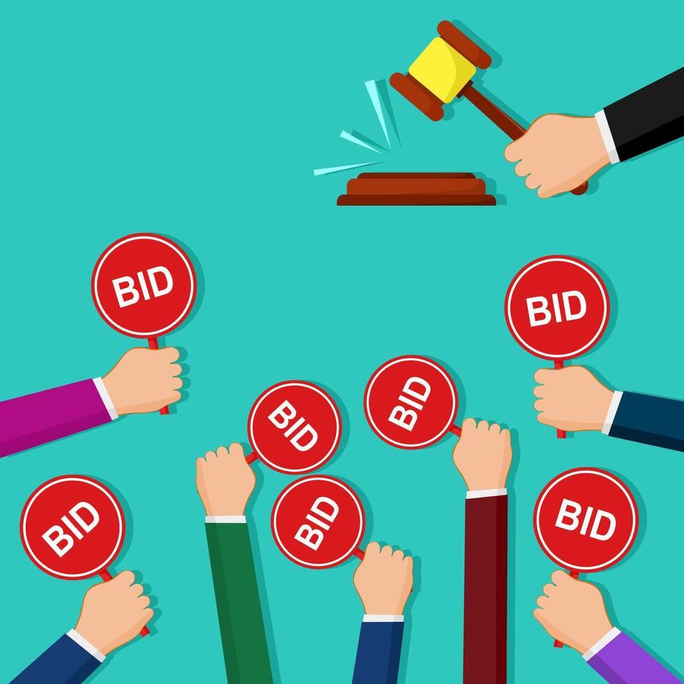 Hand holding auction paddle. Auction and bidding concept vector