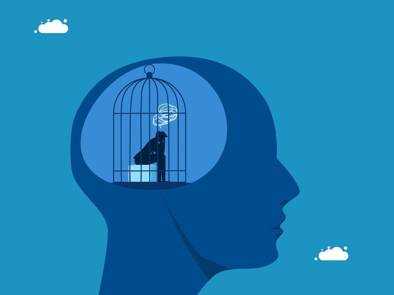 Depression. Businessman stuck in a cage on a human brain vector
