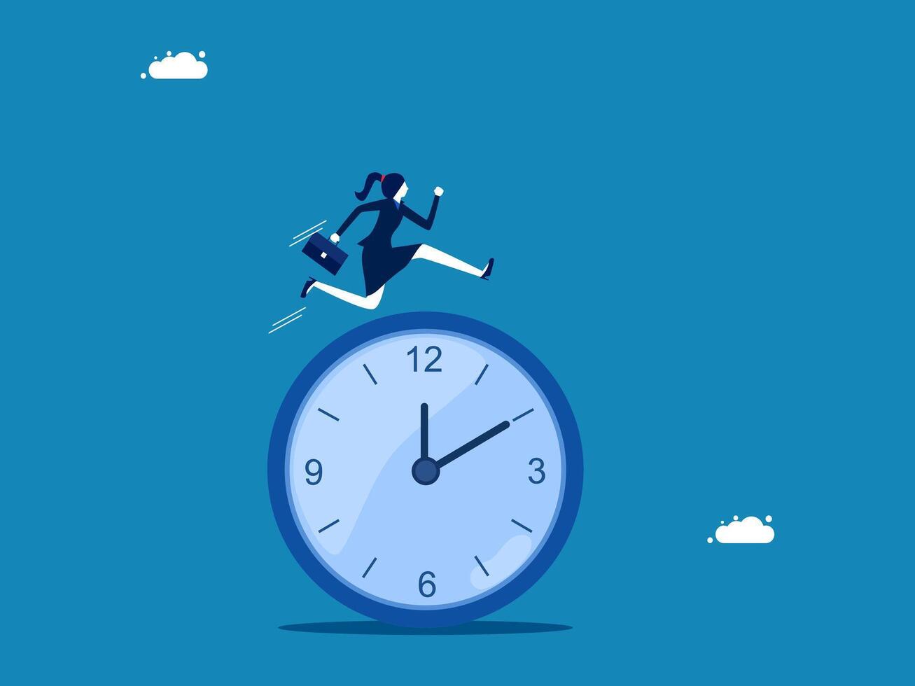 Working according to schedule. Businesswoman jumping over time or clock vector