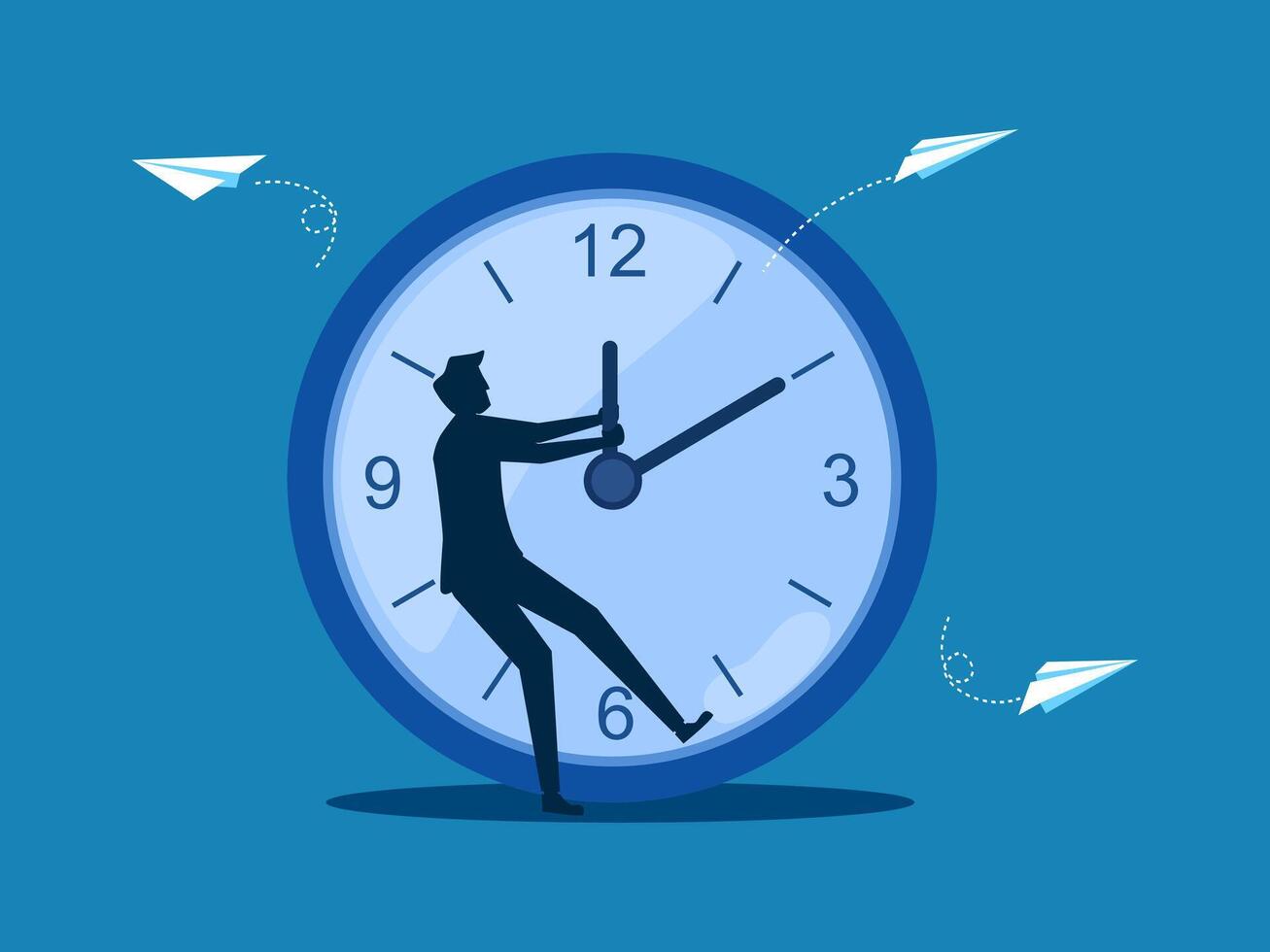 deadlines of work. Businessman pulls the clock vector