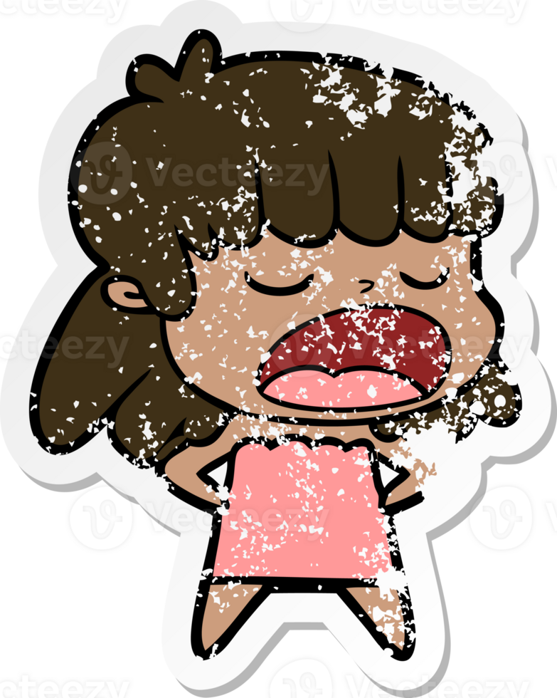 distressed sticker of a cartoon woman talking loudly png