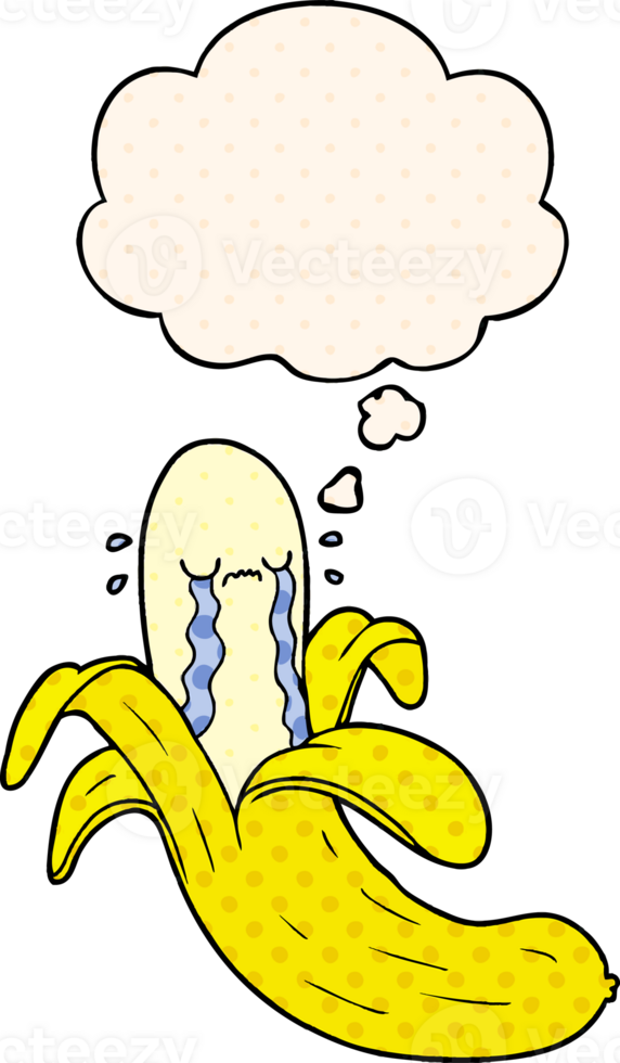 cartoon crying banana with thought bubble in comic book style png