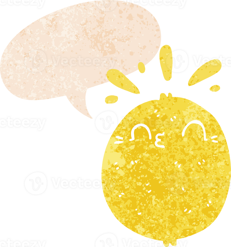 cute cartoon lemon with speech bubble in grunge distressed retro textured style png