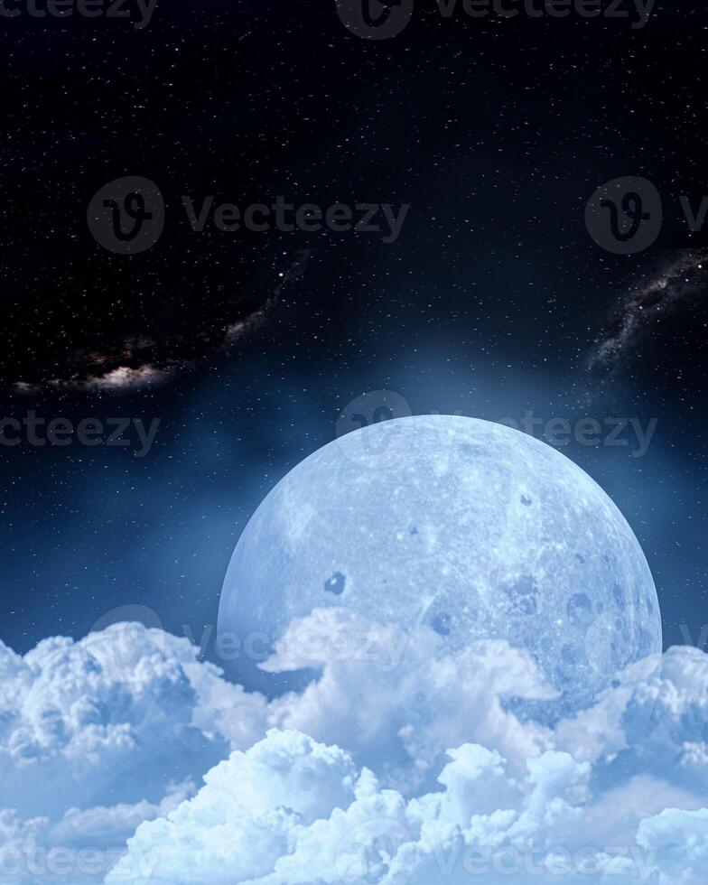 The sky or space has a large moon. Cumulus clouds cover the large lunar surface and the constellation Nebula is the distant background. 3d rendering photo