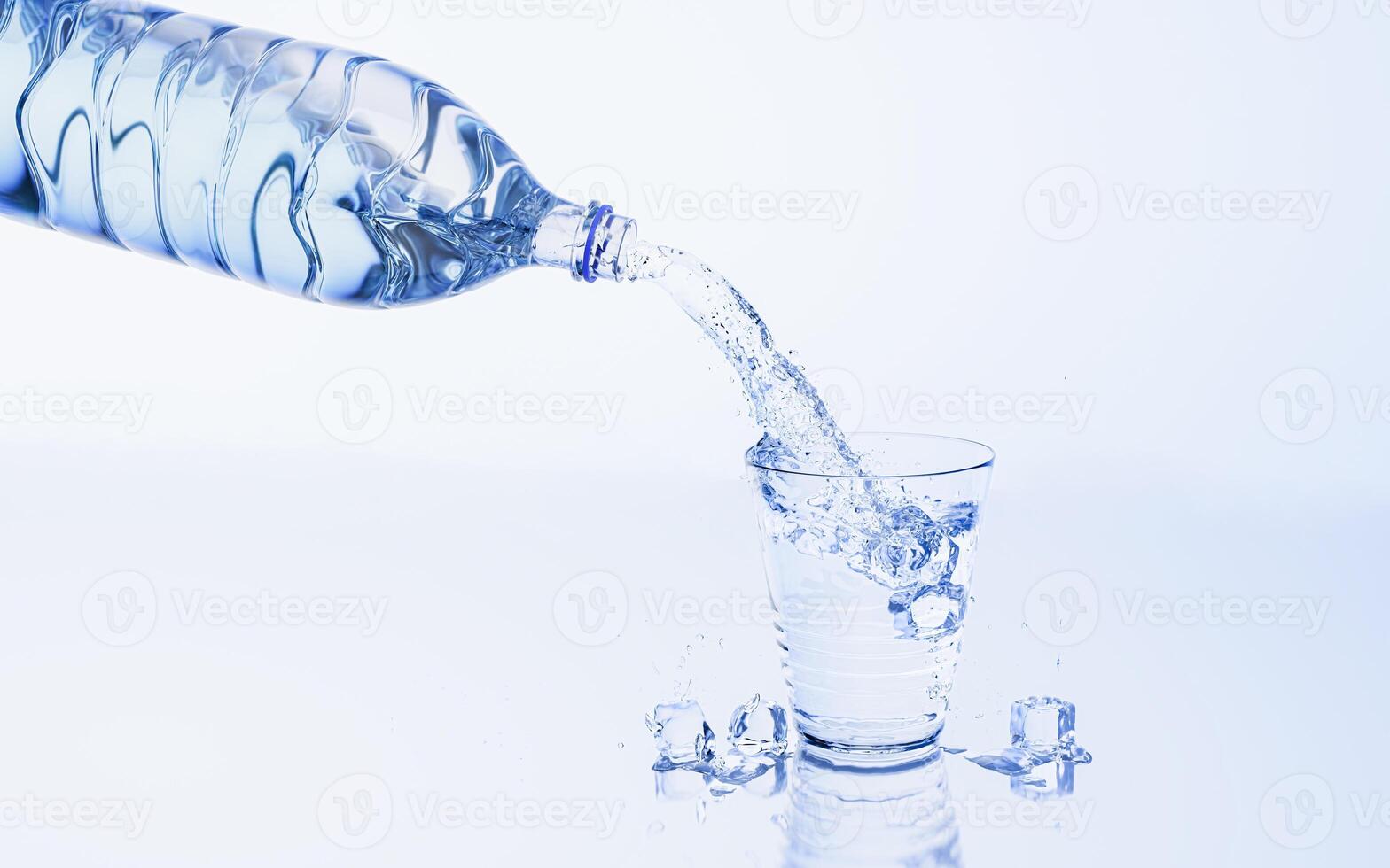 Pour water or clean water from a plastic or PET bottle into a drinking glass with ice cubes. Cold drinking water to quench thirst and refresh. 3D rendering photo