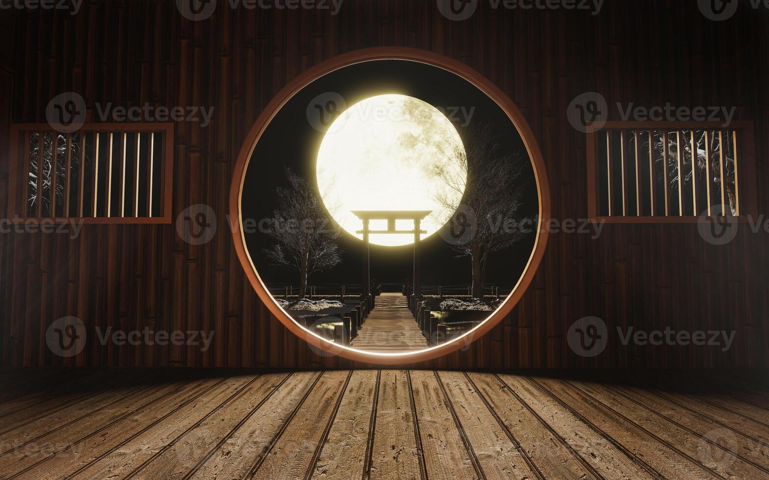 full moon night Bright golden moon. bamboo hut Ancient Chinese style with a wooden bridge stretching out to the sea. shadow stone arch from the moonlight. 3d rendering photo