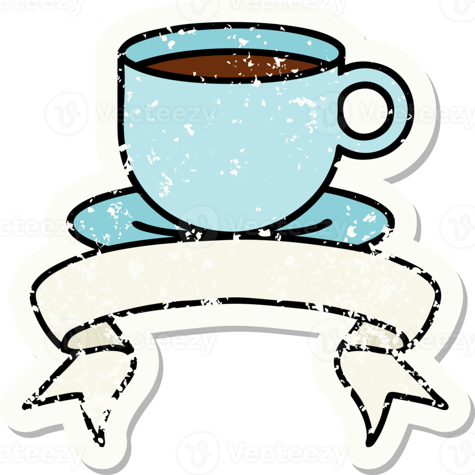worn old sticker with banner of a cup of coffee png
