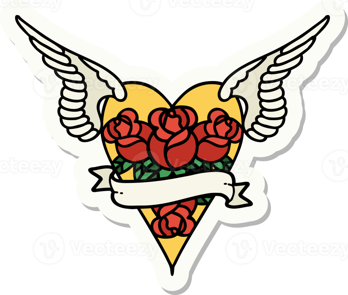 sticker of tattoo in traditional style of a flying heart with flowers and banner png
