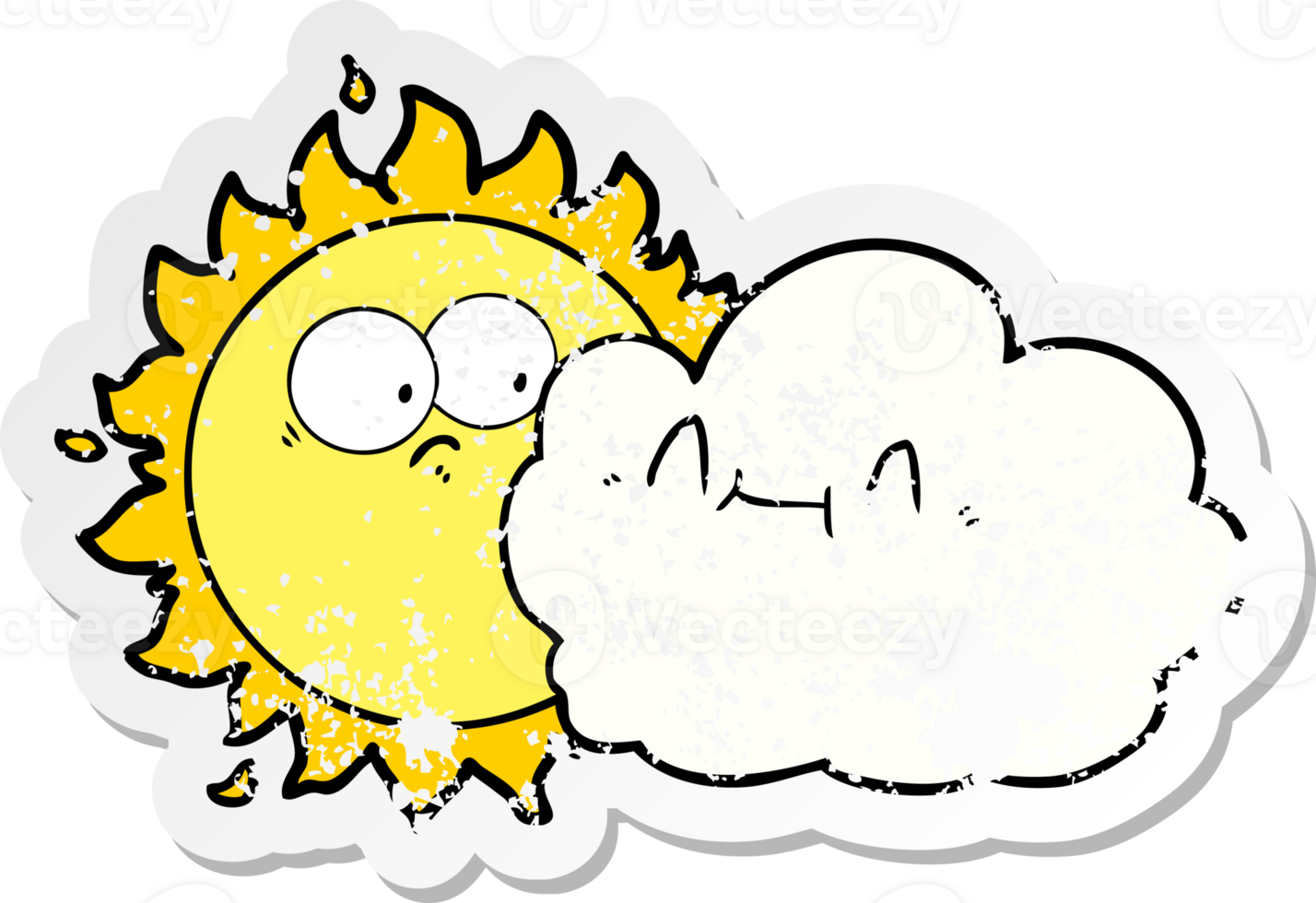 distressed sticker of a cute cartoon cloud and sun png