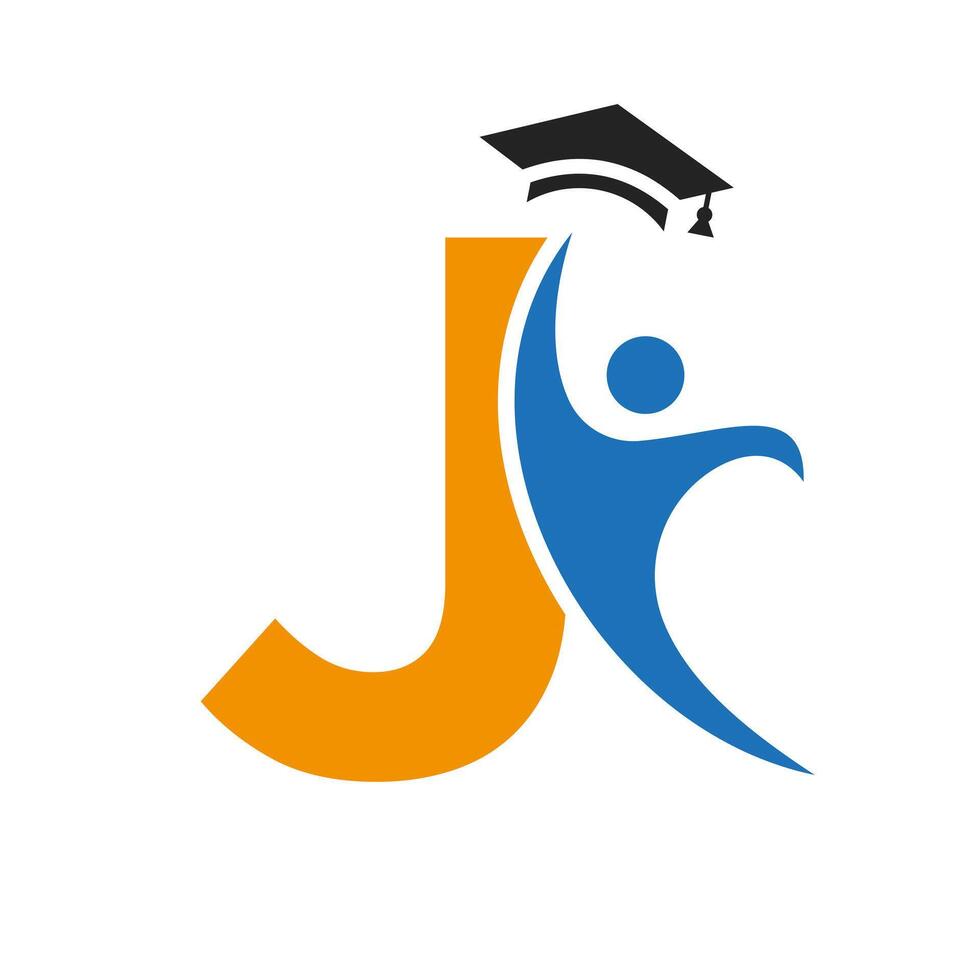 educación logo en letra j con graduación sombrero icono. graduación símbolo vector