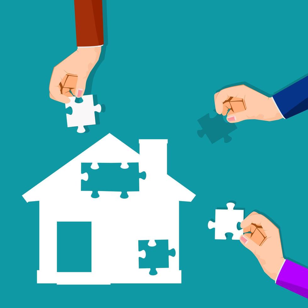 Successful businessmen join the house puzzle vector