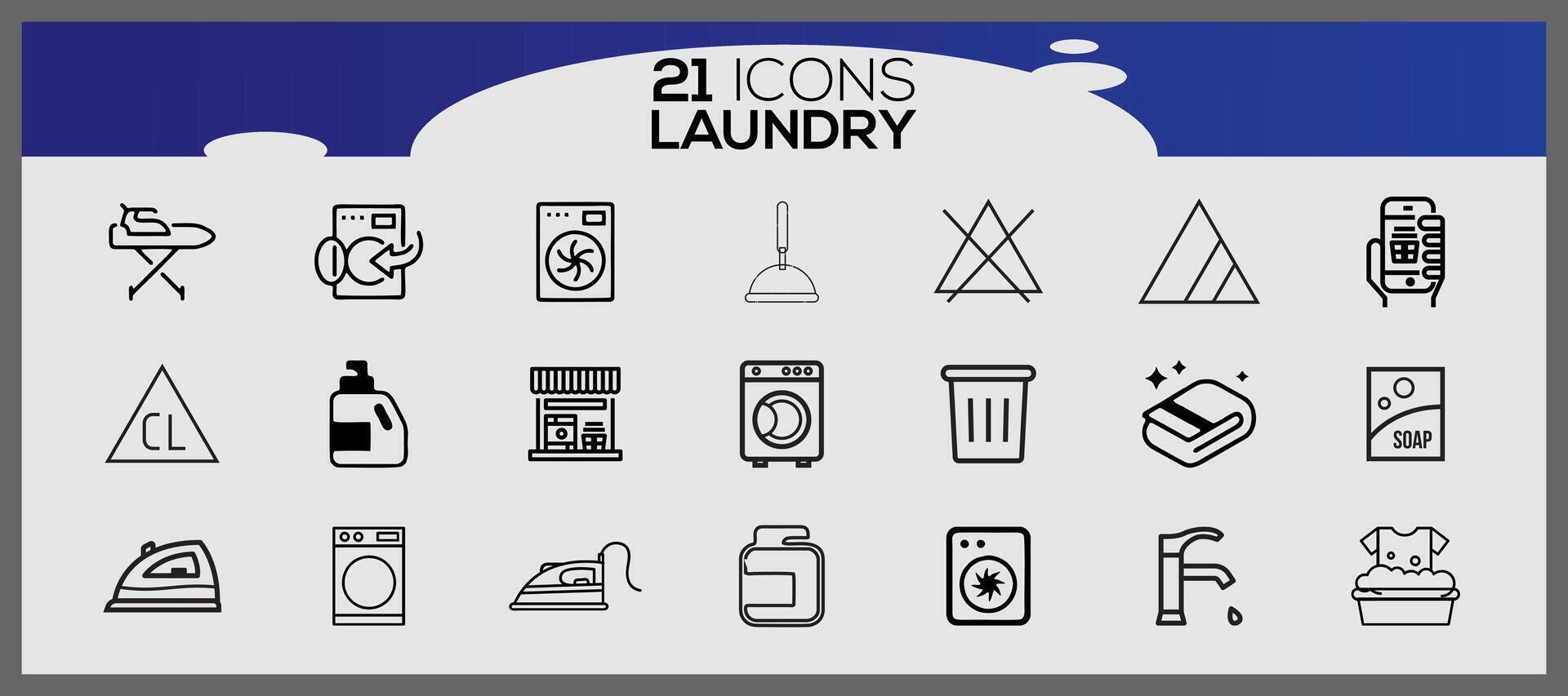 Washing icons and laundry symbols in flat style. Clean laundry and dryer service line icons. vector