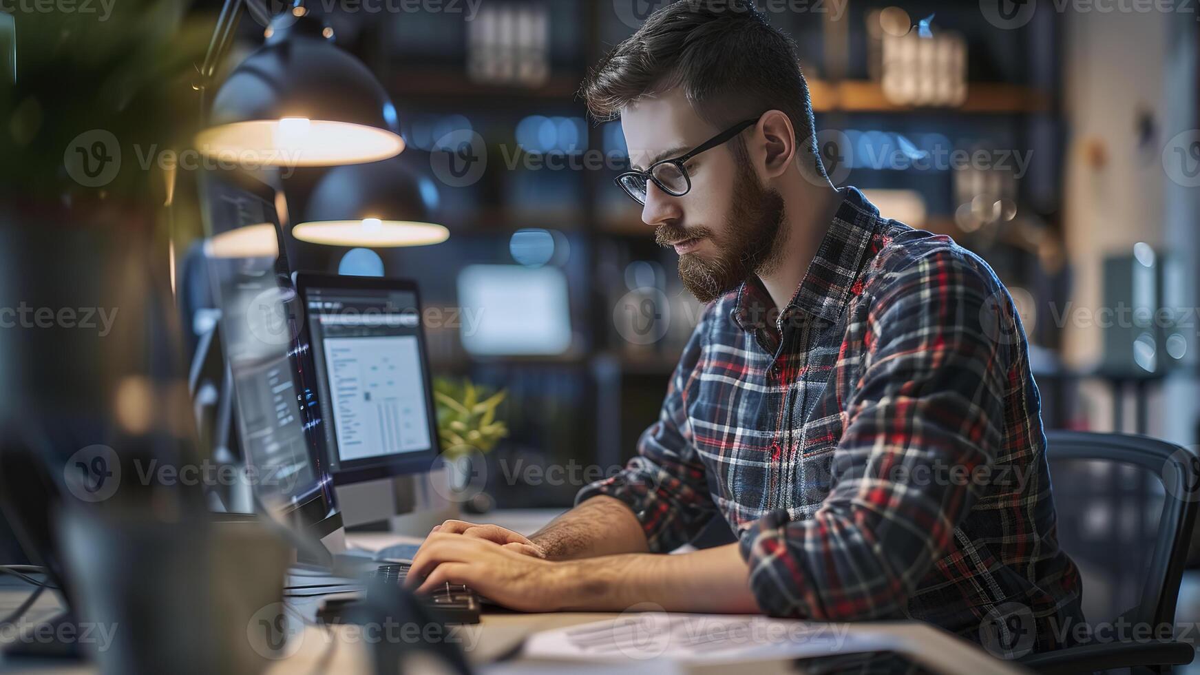 ai generado joven programador es programación a el oficina, programador a el trabajar, programador es codificación foto