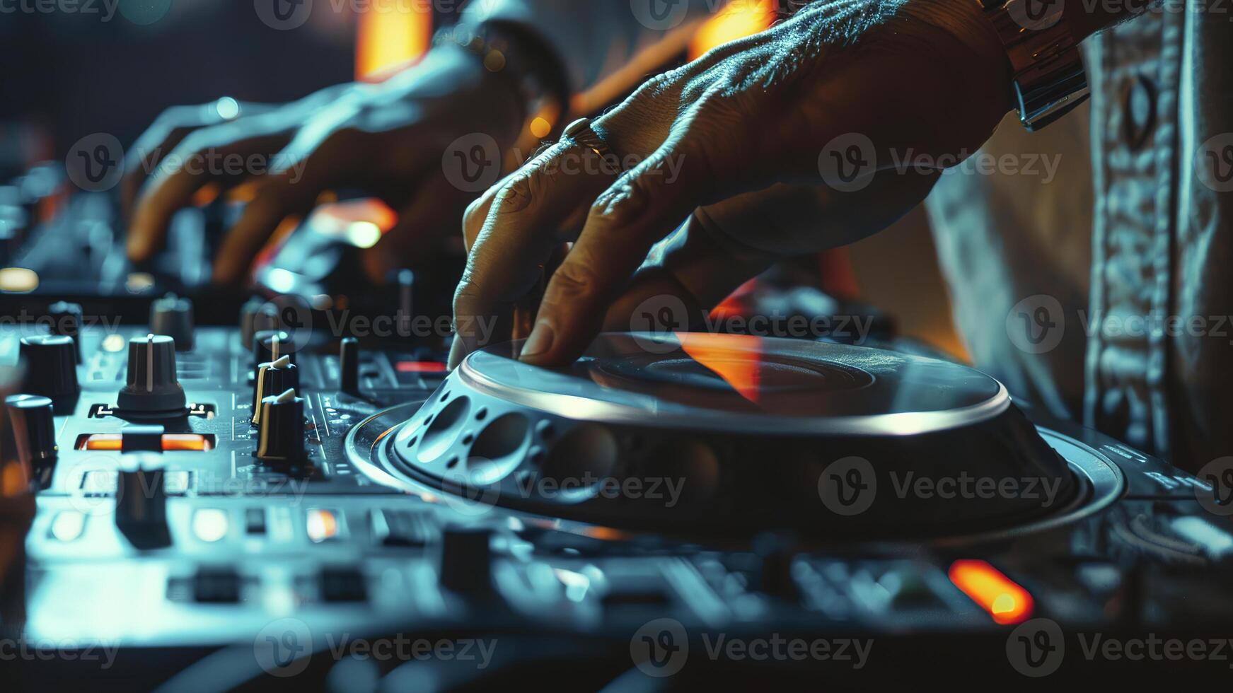 AI generated dj in action, close up of a dj at work, dj at the party, dj is mixing music at the party, dj deck close up photo