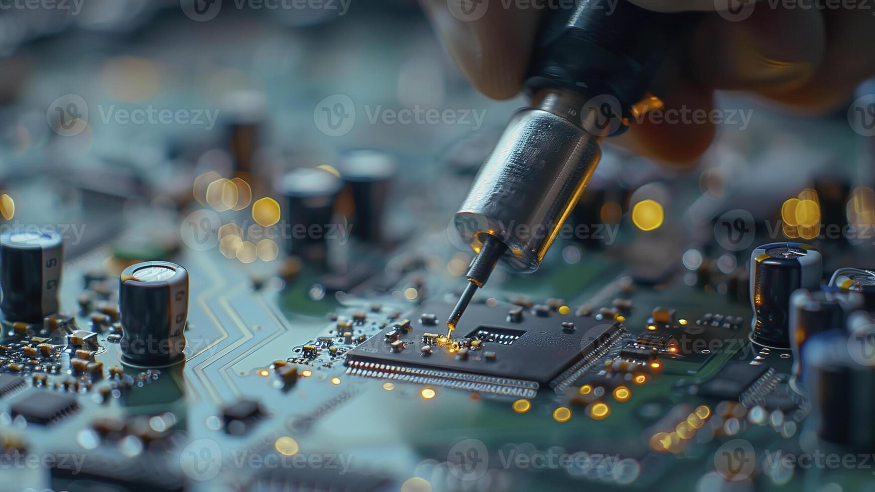 AI generated close up of a electronic circuit board, repair of a computer, close up of a computer board soldering with soldering iron by technician photo