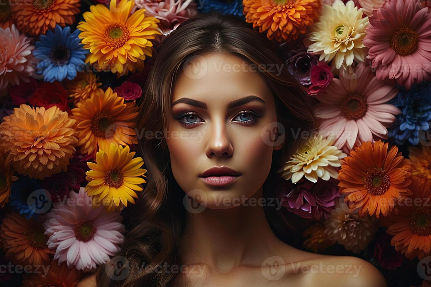 AI generated abstract portrait of a woman with flowers, pretty woman portrait, colored abstract portrait of woman photo