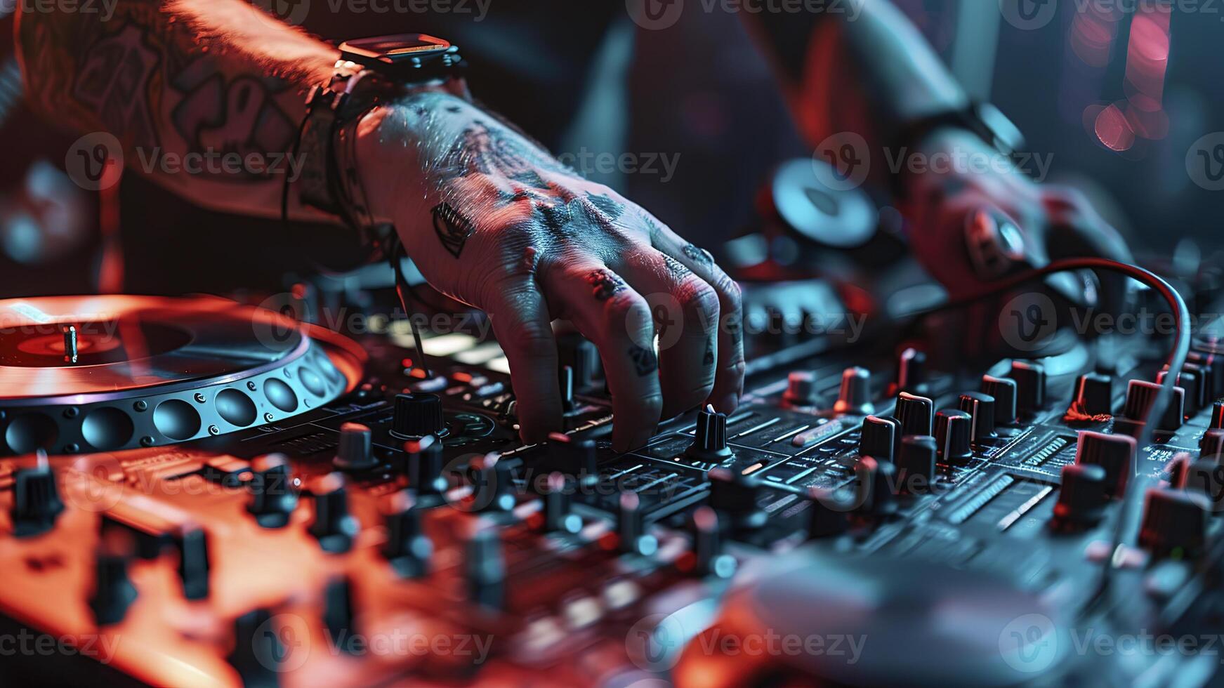 AI generated dj in action, close up of a dj at work, dj at the party, dj is mixing music at the party, dj deck close up photo