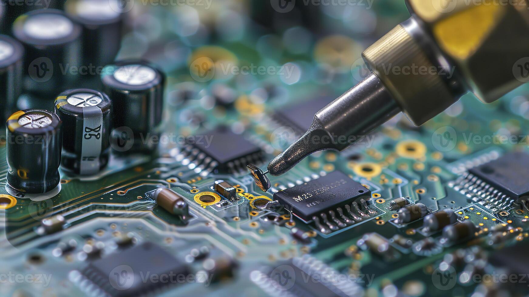 AI generated close up of a electronic circuit board, repair of a computer, close up of a computer board soldering with soldering iron by technician photo