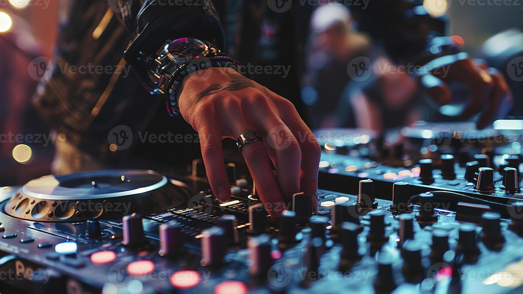 AI generated dj in action, close up of a dj at work, dj at the party, dj is mixing music at the party, dj deck close up photo