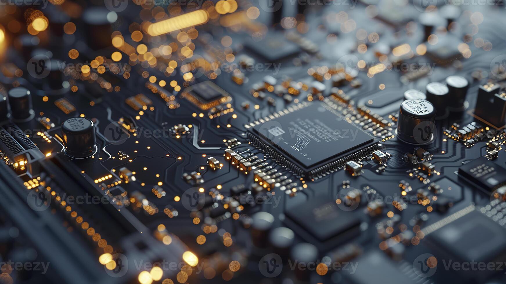 AI generated close up of a electronic circuit board, close up of a computer board, technical background photo