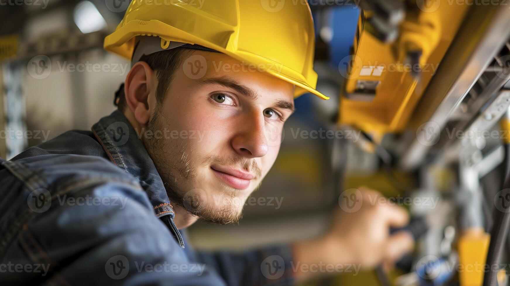 AI generated portrait of a electrician in a helmet, electrician engineer with yellow helmet at the workstation, electrician worker doing a work photo