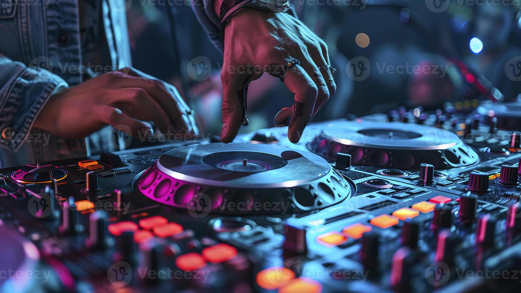 AI generated dj in action, close up of a dj at work, dj at the party, dj is mixing music at the party, dj deck close up photo