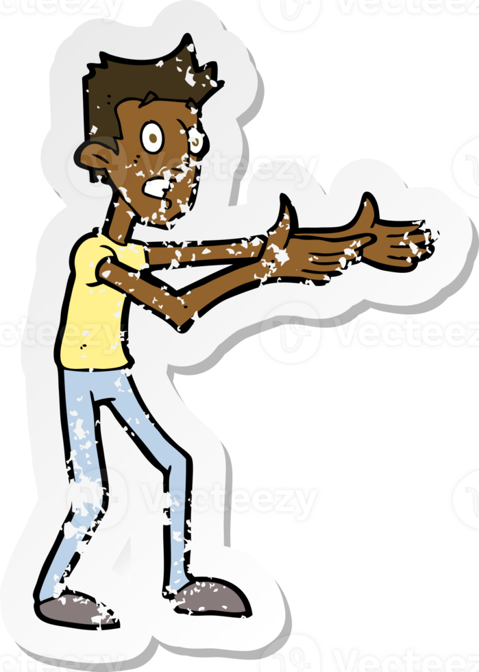 retro distressed sticker of a cartoon man desperately explaining png