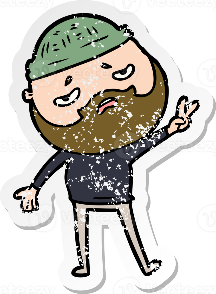 distressed sticker of a cartoon worried man with beard png