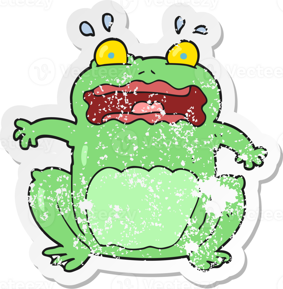 retro distressed sticker of a cartoon funny frightened frog png