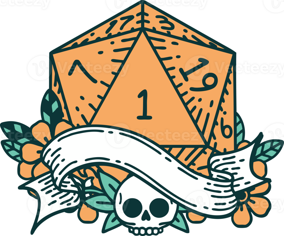 Retro Tattoo Style natural one d20 dice roll png