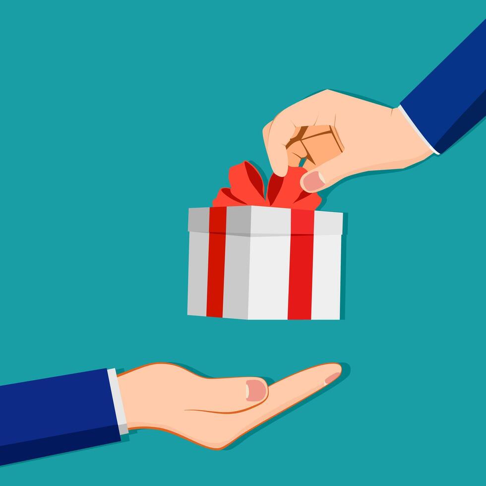Gift box in the hand of a businessman. Promotions and bonuses vector