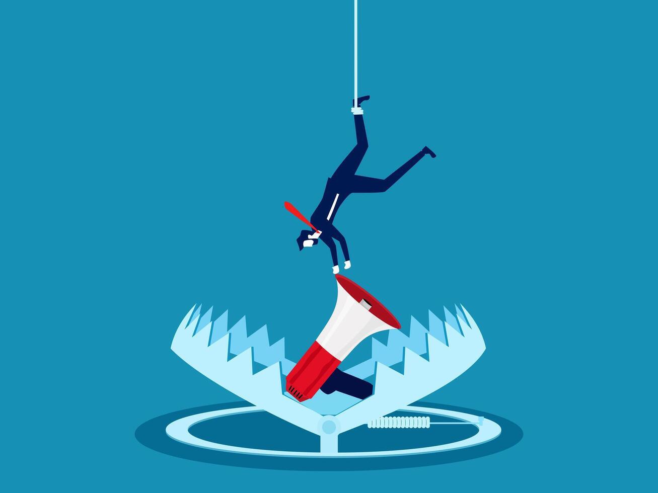 Propaganda or deception. Businessman picks up a megaphone in a trap vector