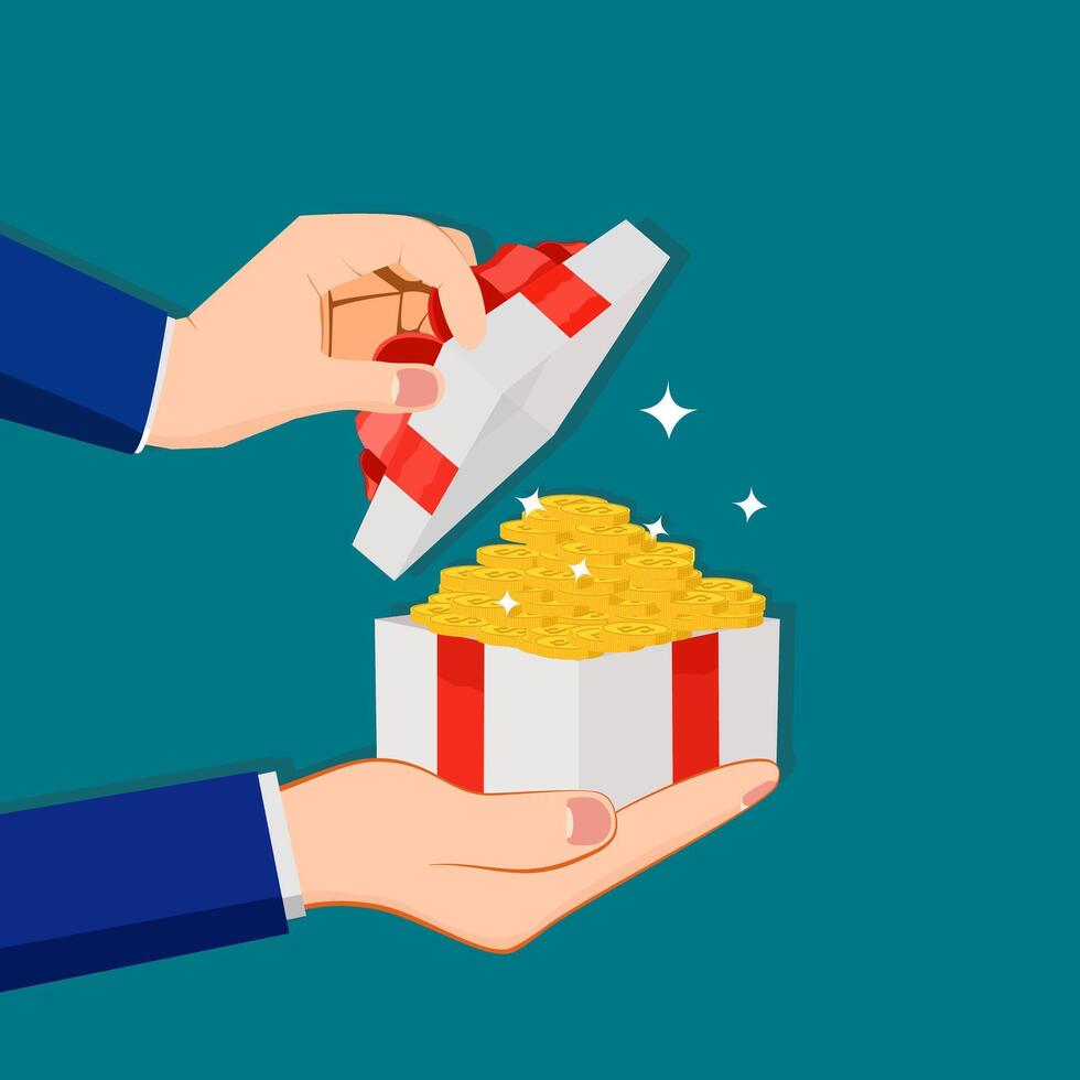 businessman opens a gift box with a pile of coins vector