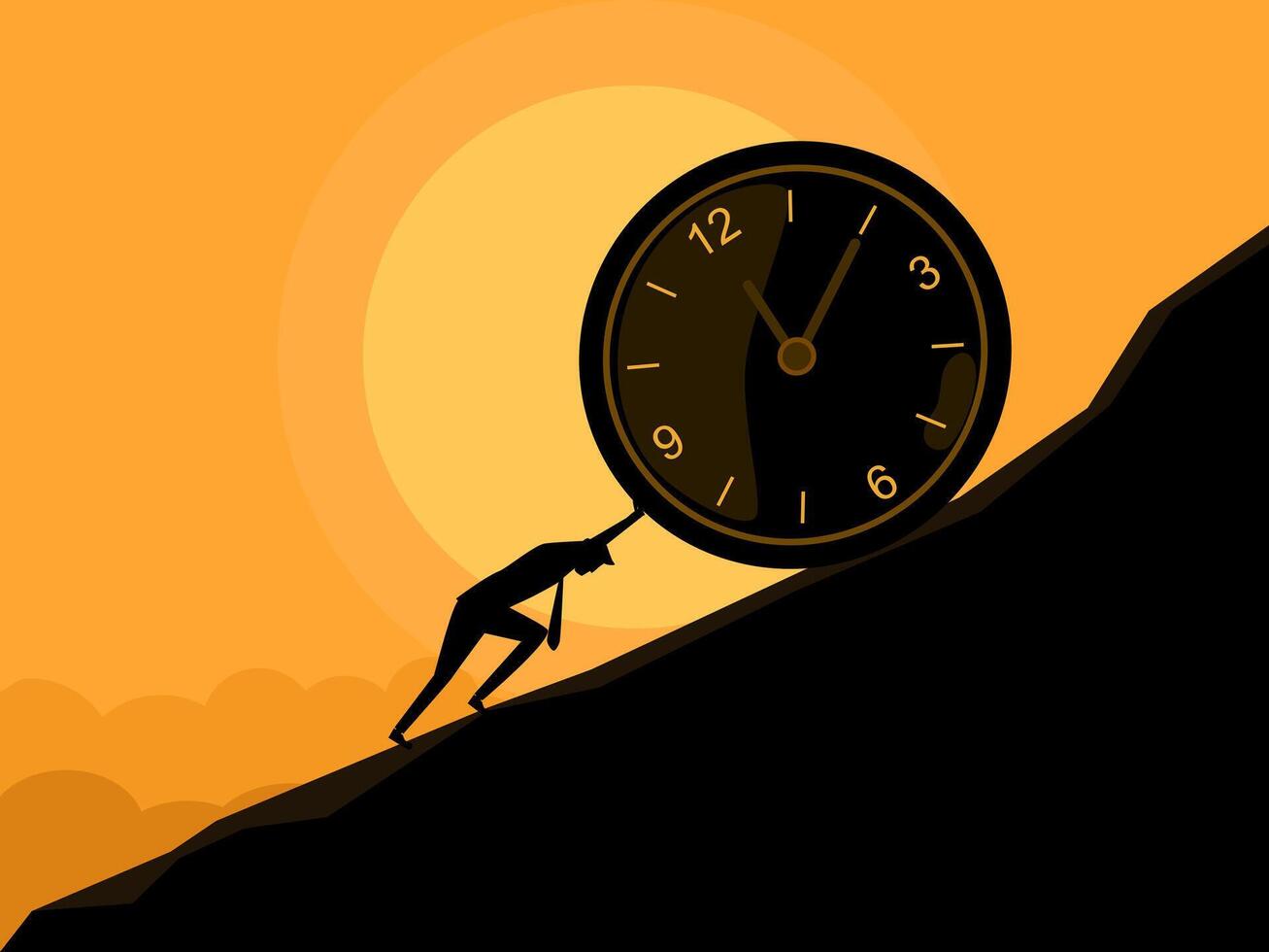 Businessman pushes clock to the top of the mountain vector