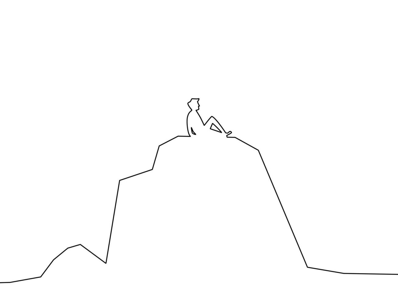 Draw a line of a person sitting on the top of a mountain vector