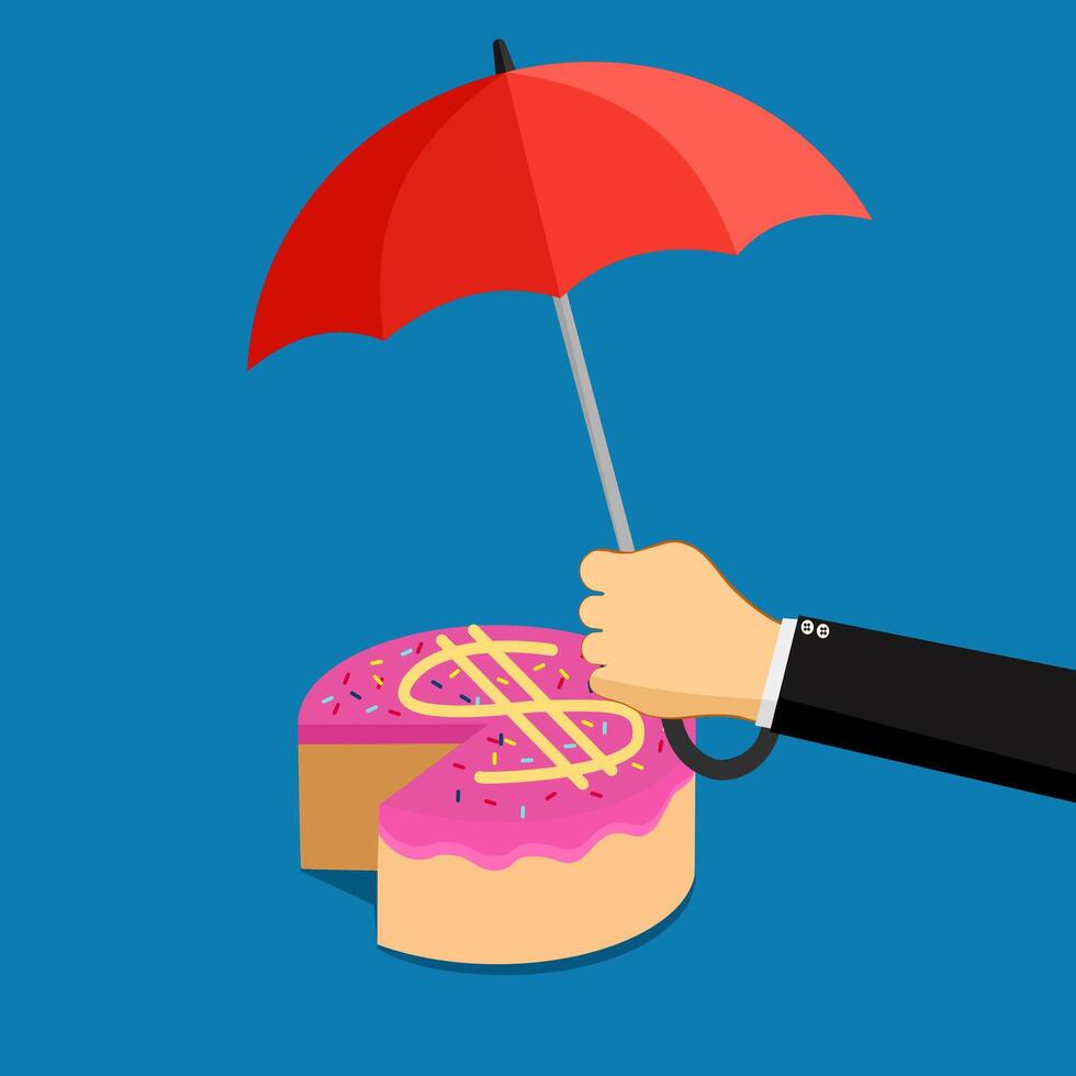businessman opens an umbrella to protect the money cake vector