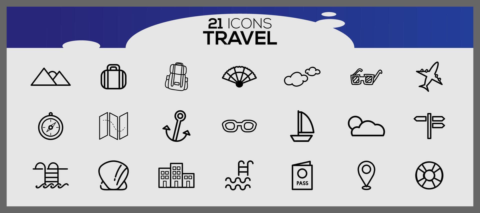 íconos conjunto acerca de viaje elementos. vacaciones y viajar, verano fiesta viaje icono colocar. vector