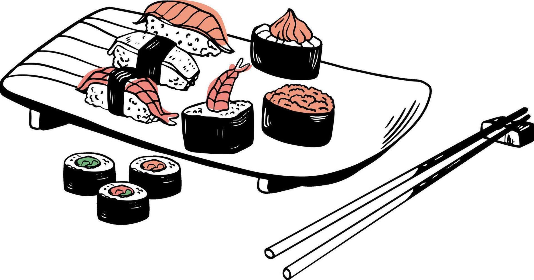 Sushi asiático pescado comida mano dibujado vector conjunto con plato palillos y especias aislado en blanco