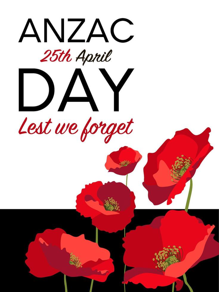 Anzac day vertical poster layout template with red poppies on white background vector