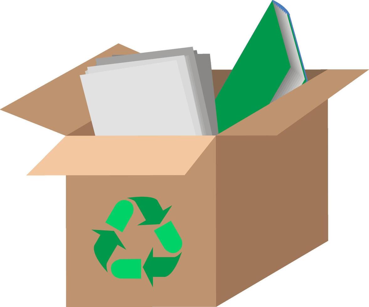 Vector single cardboard box with paper trash and recycle sign isolated on white backgorund