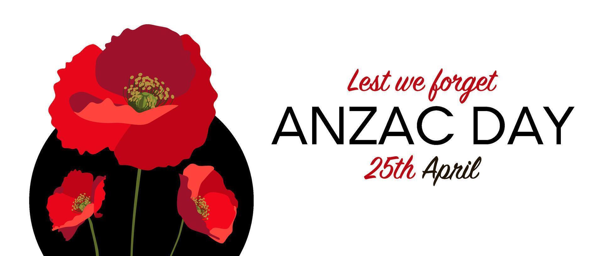 Anzac day horizontal banner layout with red poppies on black circle on white background vector
