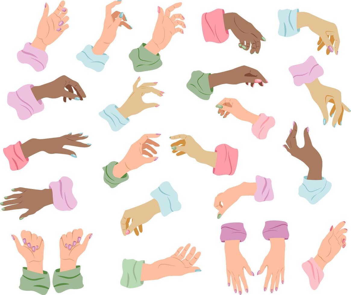 Vector set of beautiful female hands gestures with manicure isolated on white background