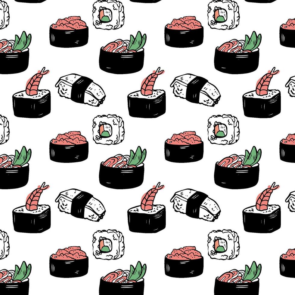 mano dibujado vector japonés Sushi sin costura modelo diseño