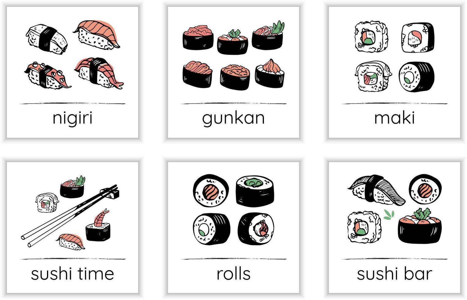 Vector hand drawn set of sushi cards designs. Japanese food restaurant, square backgrounds