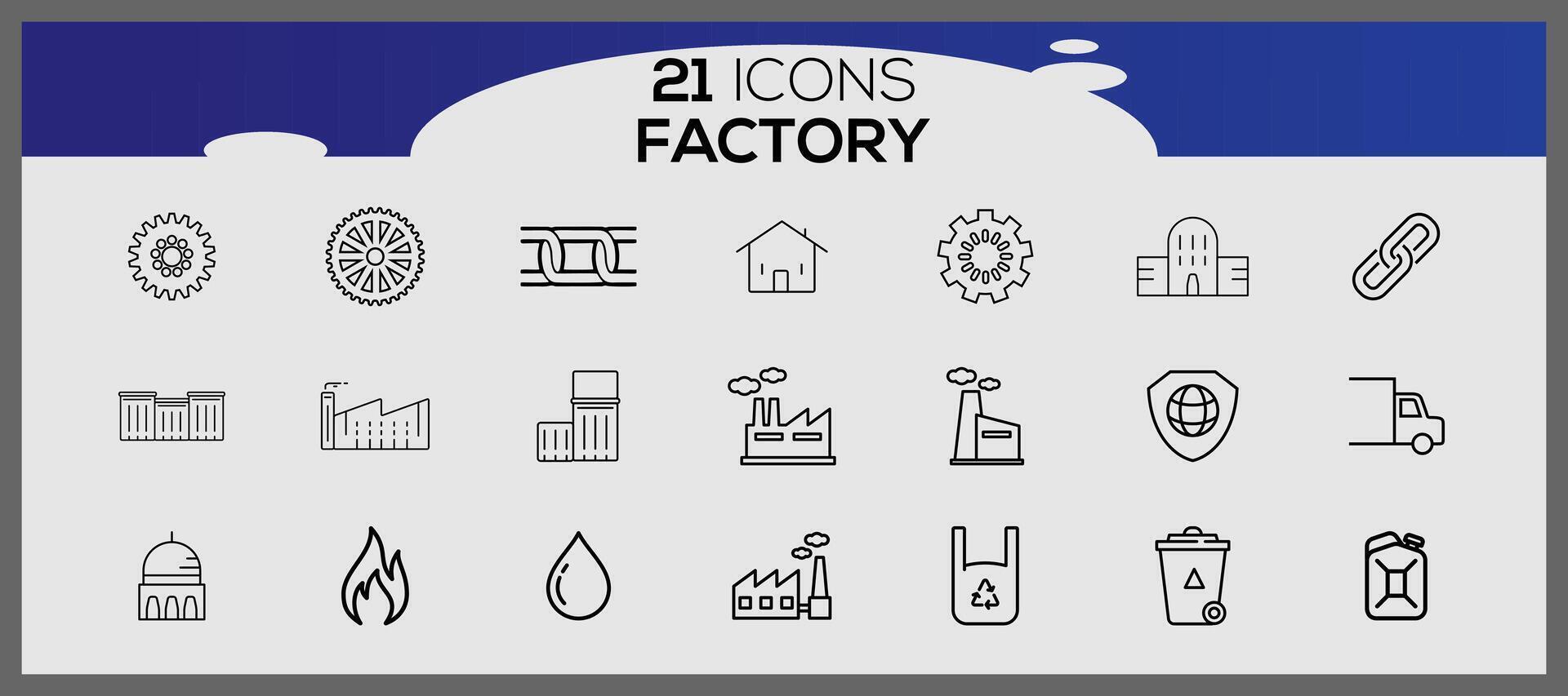 fábrica icono embalar, con contorno icono estilo. industrial edificios plano icono colocar. plantas y suerte pegatinas icono colocar. vector