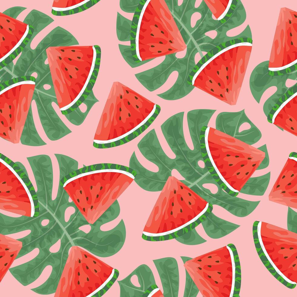 Seamless pattern with hand drawn watermelon slace and tropical monstera leaves on pink background. vector