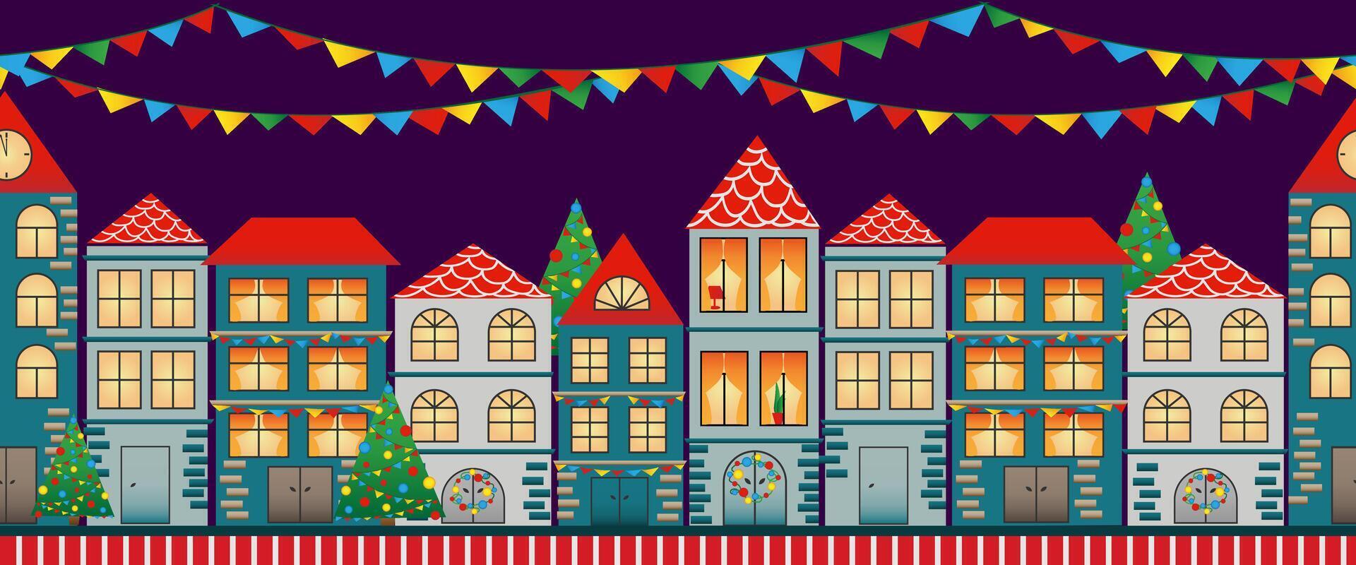Seamless pattern border with hand drawn new year city on purple background. vector