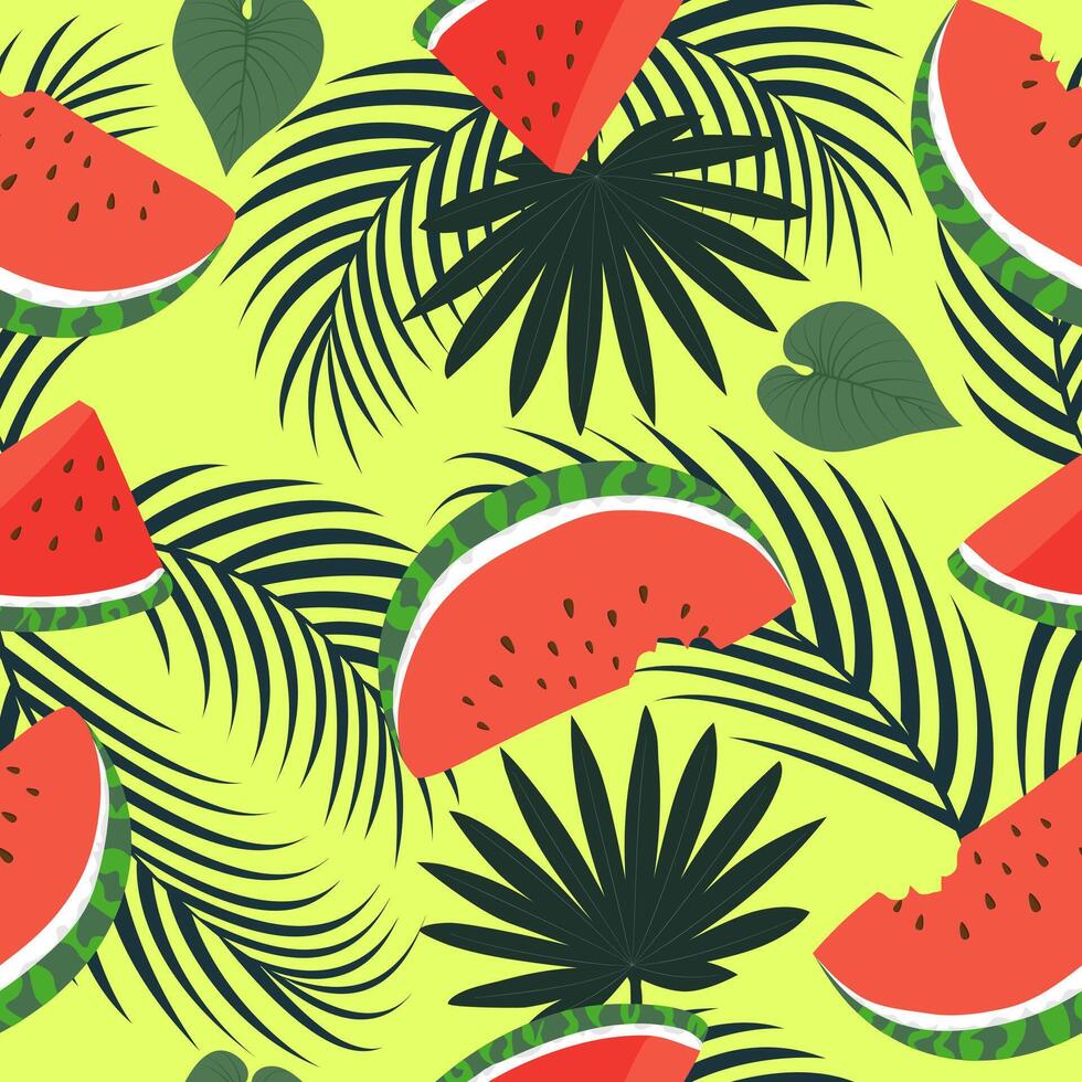 Seamless pattern with hand drawn tropical watermelon and palm leaves on yellow background. vector